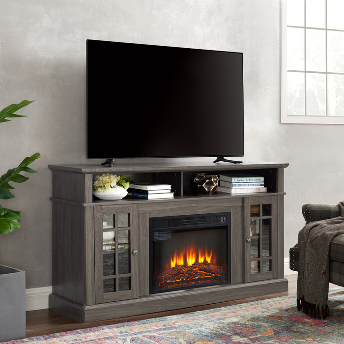 Classic TV Media Stand Modern Entertainment Console with 23" Fireplace Insert for TV Up to 65" with Open and Closed Storage Space, Dark Walnut/Black, 58.25"W*15.75"D*32"H