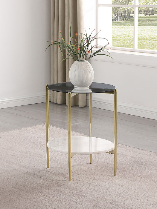 Jonelle - Round Glass Top End Table Marble Shelf - Gold / White