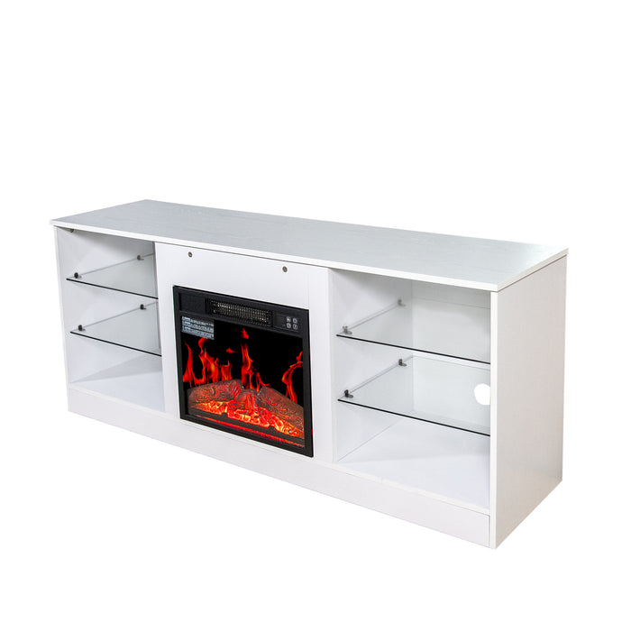 Fireplace TV Stand With 18 Inch Electric Fireplace Heater,Modern Entertainment Center for TVs up to 62 Inch With Adjustable Glass Shelves and Storage Cabinets  ( White )