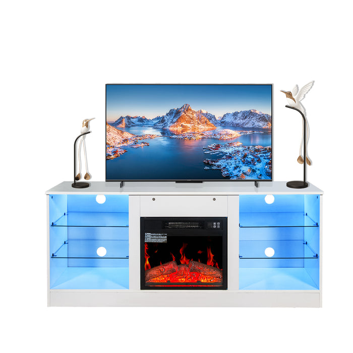 Fireplace TV Stand With 18 Inch Electric Fireplace Heater,Modern Entertainment Center for TVs up to 62 Inch With Adjustable Glass Shelves and Storage Cabinets  ( White )