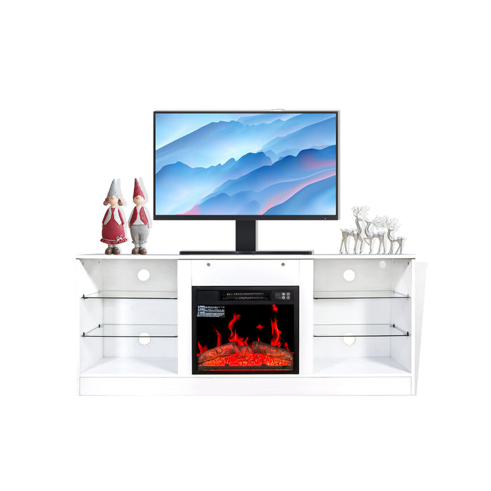 Fireplace TV Stand With 18 Inch Electric Fireplace Heater,Modern Entertainment Center for TVs up to 62 Inch With Adjustable Glass Shelves and Storage Cabinets  ( White )