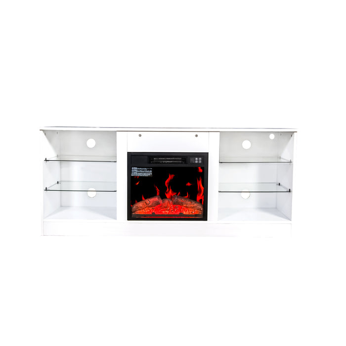 Fireplace TV Stand With 18 Inch Electric Fireplace Heater,Modern Entertainment Center for TVs up to 62 Inch With Adjustable Glass Shelves and Storage Cabinets  ( White )