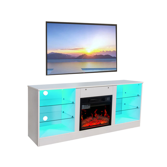 Fireplace TV Stand With 18 Inch Electric Fireplace Heater,Modern Entertainment Center for TVs up to 62 Inch With Adjustable Glass Shelves and Storage Cabinets  ( White )