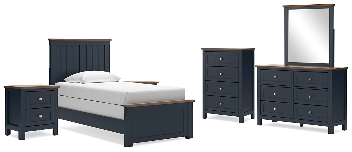 Landocken Twin Panel Bed with Mirrored Dresser, Chest and 2 Nightstands