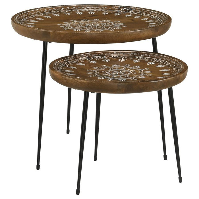 Nuala - 2 Piece Round Nesting Table With Tripod Tapered Legs - Honey And Black