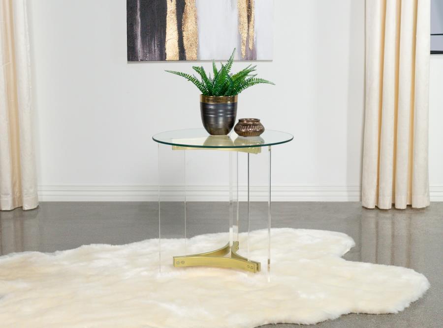 Janessa - Round Glass Top End Table With Acrylic Legs - Clear And Matte Brass