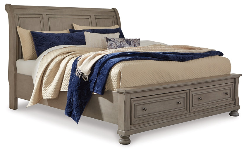 Lettner King Sleigh Bed with 2 Storage Drawers with Mirrored Dresser and 2 Nightstands